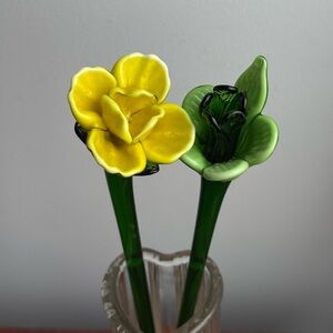 2 Murano Blown Glass 12” Flowers Yellow Green Vintage Decor